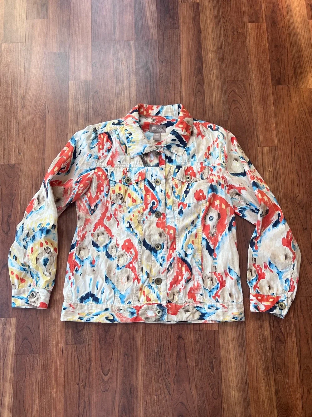 Chico's Multicolor Abstract Print Jean Jacket — Red, Blue & Yellow